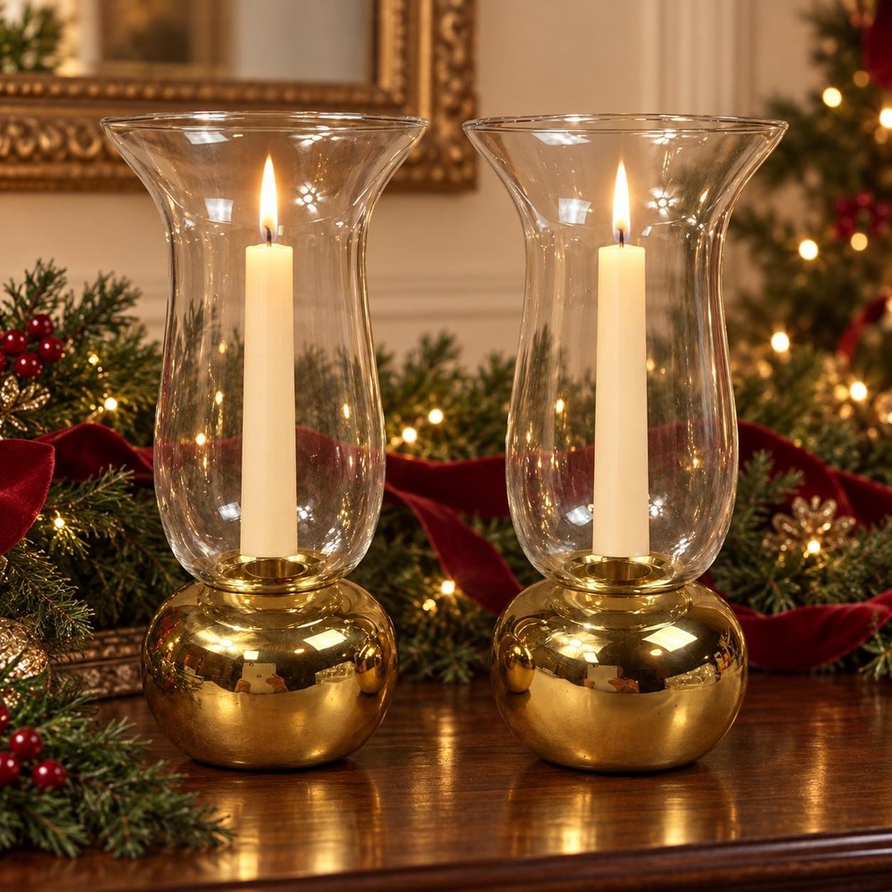 Vintage Pair Solid Brass Glass Hurricane Candle Holders Made in India 11 Inch
